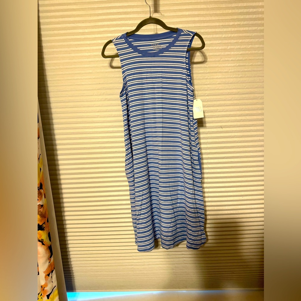 Net blue and white striped a line cotton dress with pockets medium